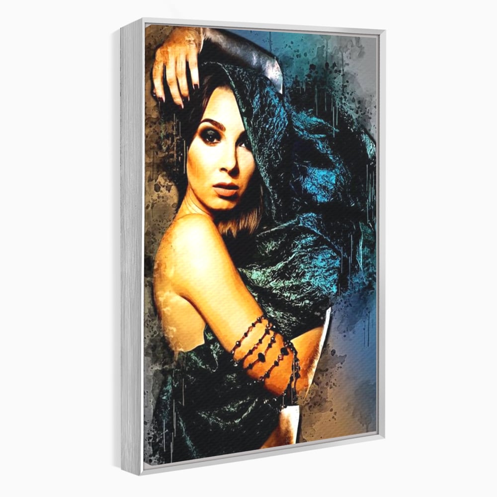 Tablou canvas cu tablou canvas portret femeie misterioasa, in rama de aluminiu argintiu